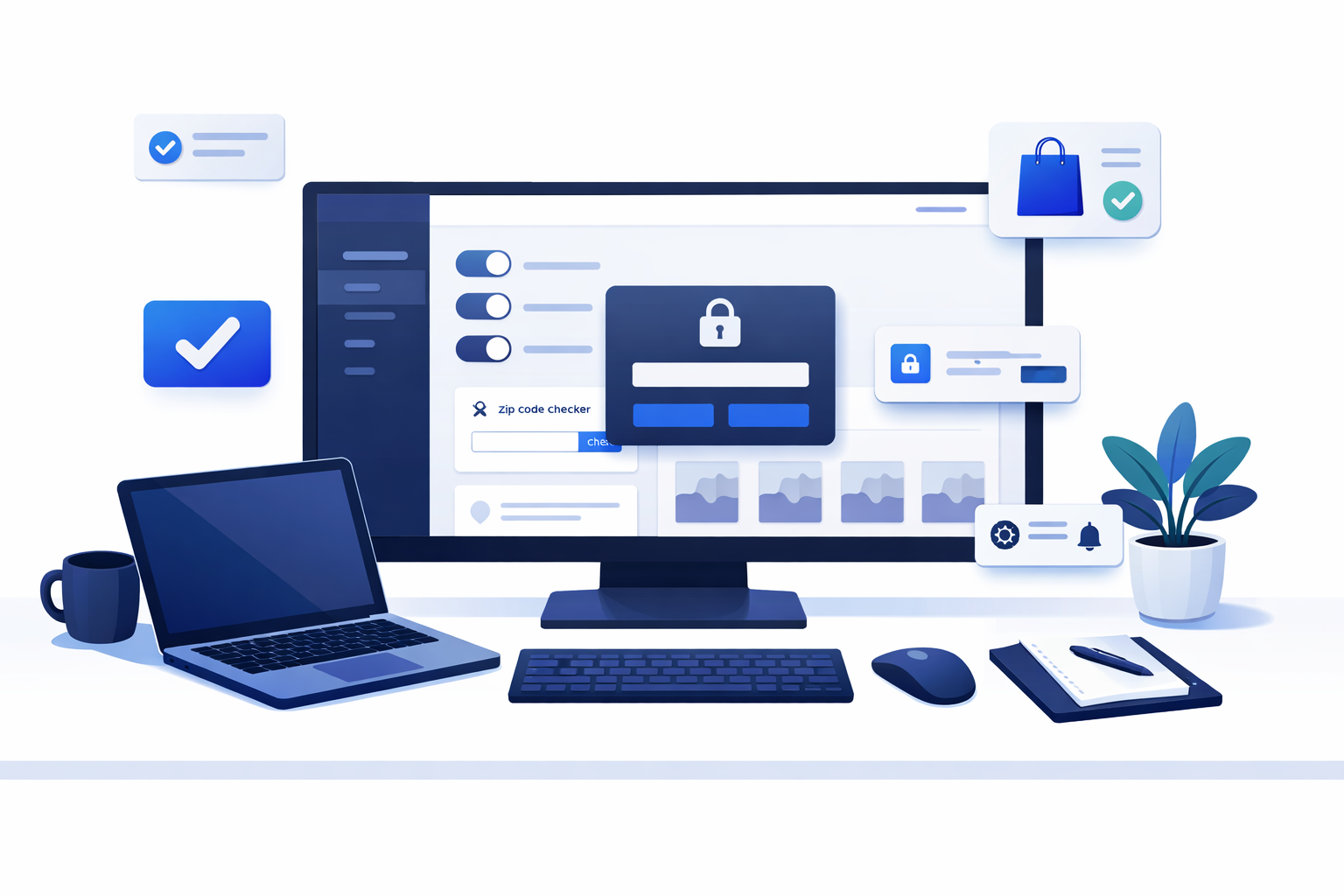 A professional workspace showing a Wix store dashboard with app controls and security features