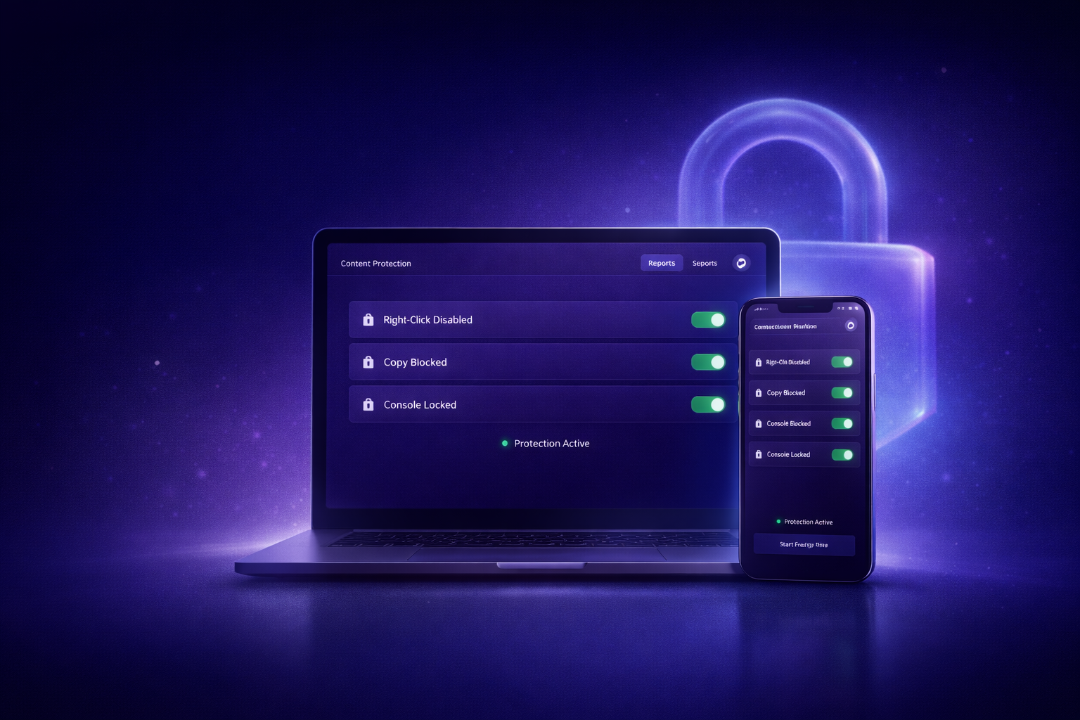 Developer tools lock and console protection screen